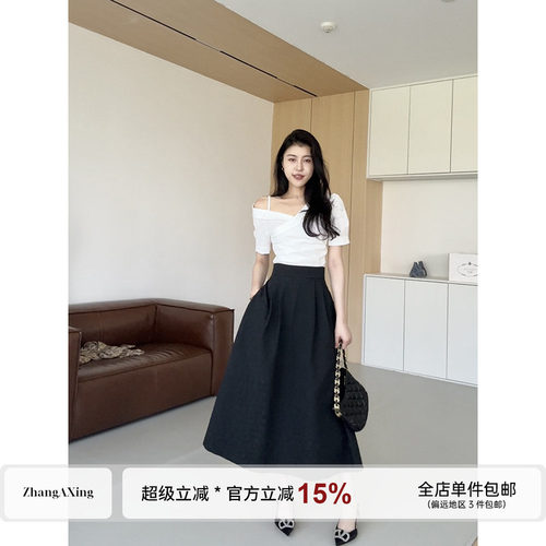 张阿星【法式美学】优雅气质单露肩交叉设计白色衬衫+高腰A字伞裙