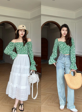 张阿星【春日繁花】法式绿色碎花方领收腰修身短款一字肩两穿上衣