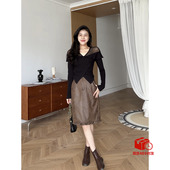 黑色透感网纱拼接V领交叠修身 张阿星 苏黎秋日 设计感百搭上衣