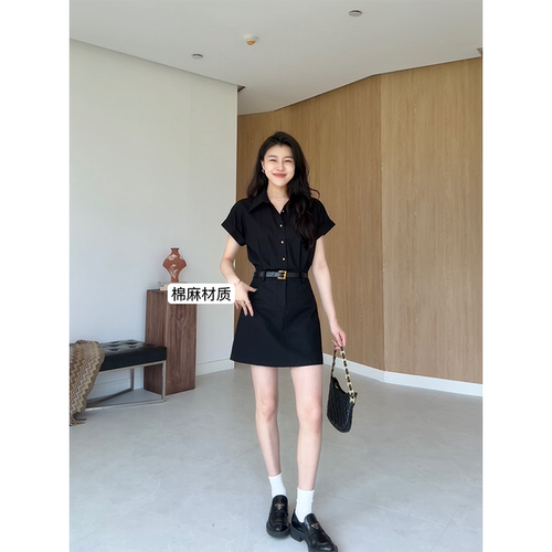 张阿星【轻颜欧尼】棉麻质感高腰收腰修身简约利落气质通勤连衣裙