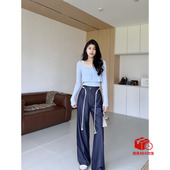 张阿星 牛仔蓝高腰百搭垂感休闲直筒裤 纯色背心微透罩衫 两件套
