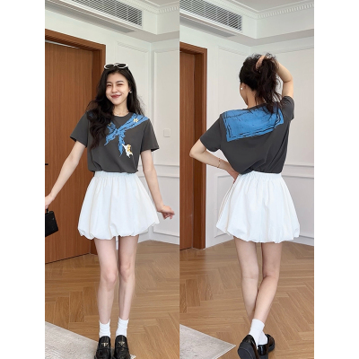 张阿星【共枕夏风】设计感印花短袖T恤+花苞裙裤半身裙两件套装女