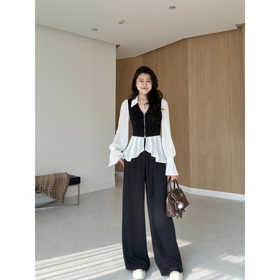 张阿星【索罗尔格调】法式拼色衬衫+垂坠黑色西装裤W425C0301