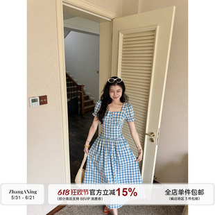 张阿星【仲夏夜蜜语】方领法式清新蓝格纹撞色收腰大裙摆连衣裙