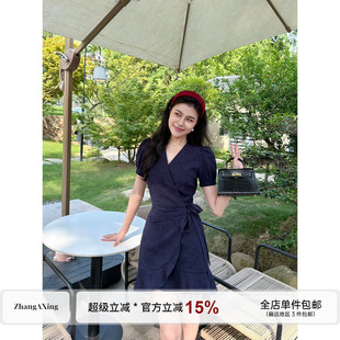 张阿星【蓝屿茶歇】提花肌理质感绑带收腰遮肚显瘦夏季新款连衣裙