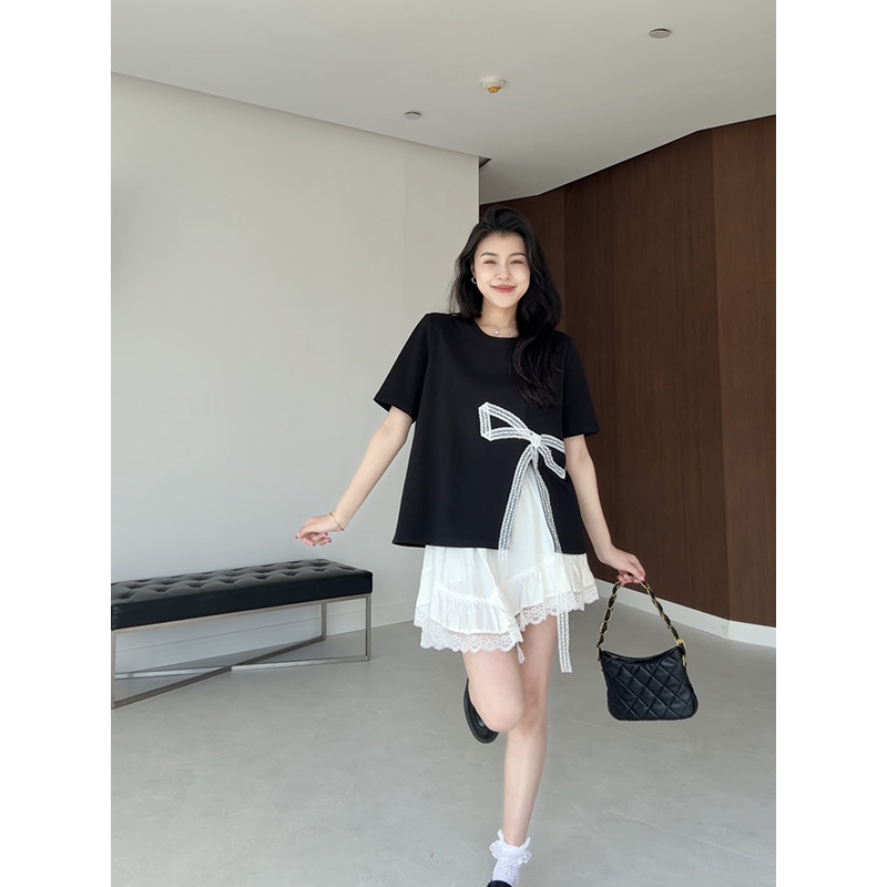 张阿星【甜白物语】2025年新款正肩撞色蝴蝶结显瘦T+不规则蛋糕裙