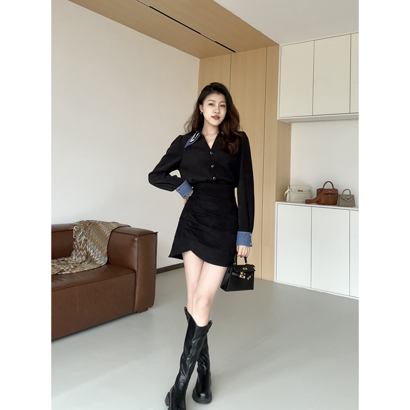 翻领撞色碎钻衬衫+褶皱显瘦半裙