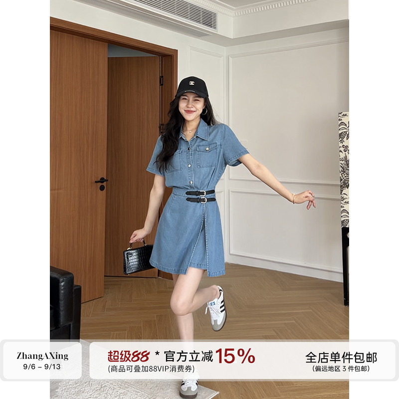 张阿星【牛仔旅人】港味复古风牛仔短袖连衣裙女夏季收腰短款裙子图片