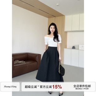 张阿星【法式美学】优雅气质单露肩交叉设计白色衬衫+高腰A字伞裙