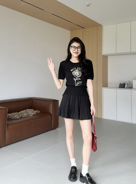张阿星【未闻花名】日常通勤印花正肩莱赛尔T恤+百搭高腰百褶裙裤