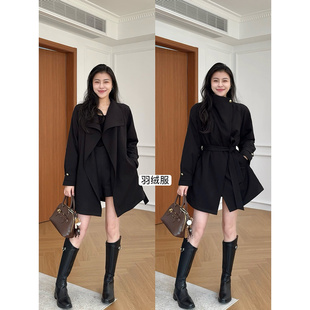 张阿星【北欧时刻】气质韩系大翻领腰带收腰黑色质感风衣羽绒外套
