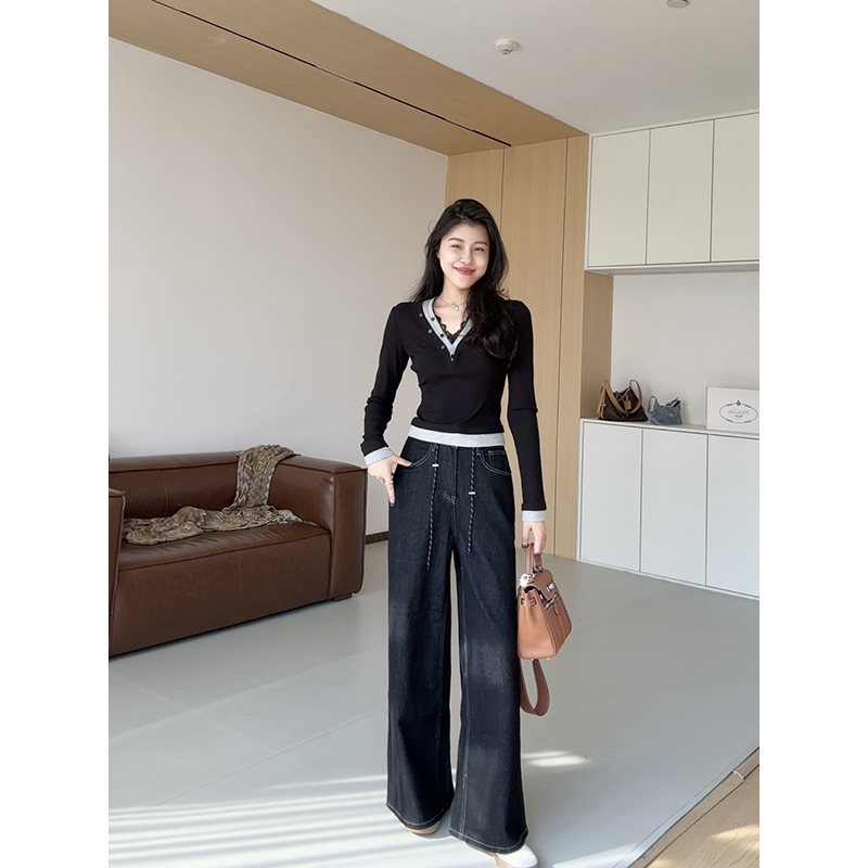 张阿星【秋日漫步】假两件拼V领撞色上衣复古蓝牛仔裤W424S15992