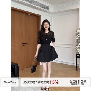 张阿星【微醺夏夜】微透网纱拼接假两件连衣裙夏收腰泡泡袖蓬蓬裙