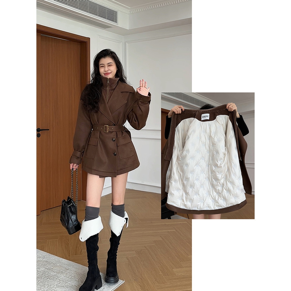 张阿星【气质c位】英伦老钱假两件复古麂皮绒羽绒服