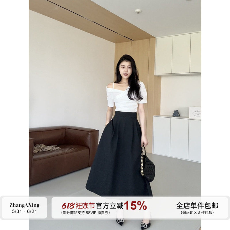 张阿星【法式美学】优雅气质单露肩交叉设计白色衬衫+高腰A字伞裙