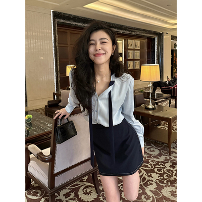 张阿星【雾岛春色】飘带拼接法式轻奢气质衬衫+半裙长裤套装