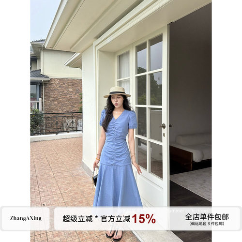 张阿星【蓝调晚风】V领正肩蓝色法式收腰韩系荷叶边大裙摆连衣裙