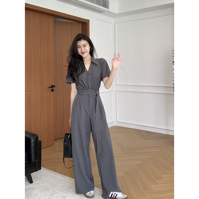 张阿星【酷飒通勤】新款轻薄复古风慵懒单排扣腰带收腰连体裤