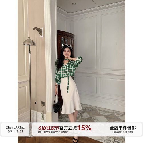 张阿星【绿格裙】港风精致复古绿格撞色衬衫+气质高腰鱼尾半裙