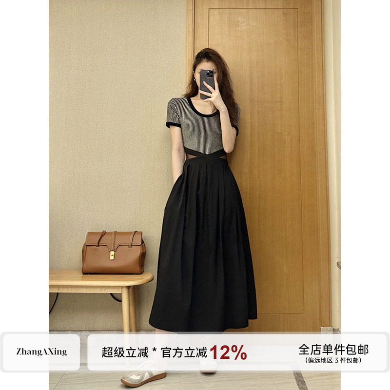 张阿星  夏季新款复古赫本风气质条纹撞色修身微透网纱收腰连衣裙