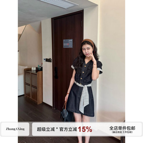 张阿星【丹宁艺术家】时髦复古通勤港风牛仔撞色显瘦牛仔连衣裙