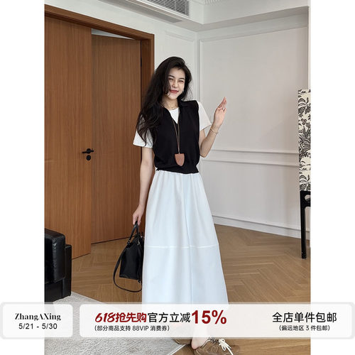 张阿星【夏夜晚风】莱赛尔假两件短袖T恤上衣+半身裙两件套装女夏