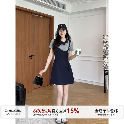 张阿星【逃离班味】 假两件复古撞色连衣裙收女夏季腰显短袖A字裙