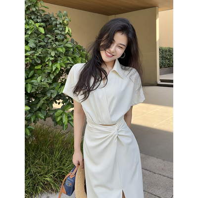 张阿星【气质焦点】夏季新款法式简约气质扭结收腰不规则开叉长裙