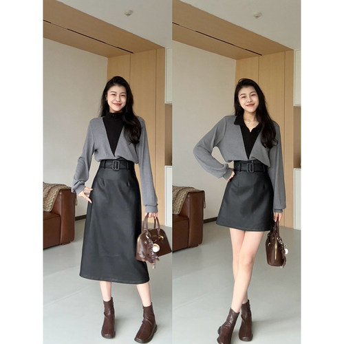 张阿星【黑灰腔调】新款撞色高级感叠穿百搭针织衫+ 长短百搭皮裙