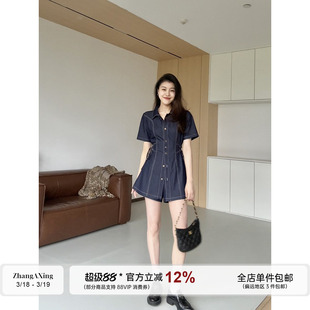 张阿星【牛仔定律】绑带调节收腰修身复古气质牛仔连衣裙短裤套装