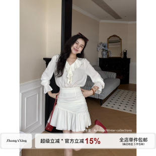张阿星【女神裙】优雅气质荷叶边V领收腰A字裙摆遮肉连衣裙
