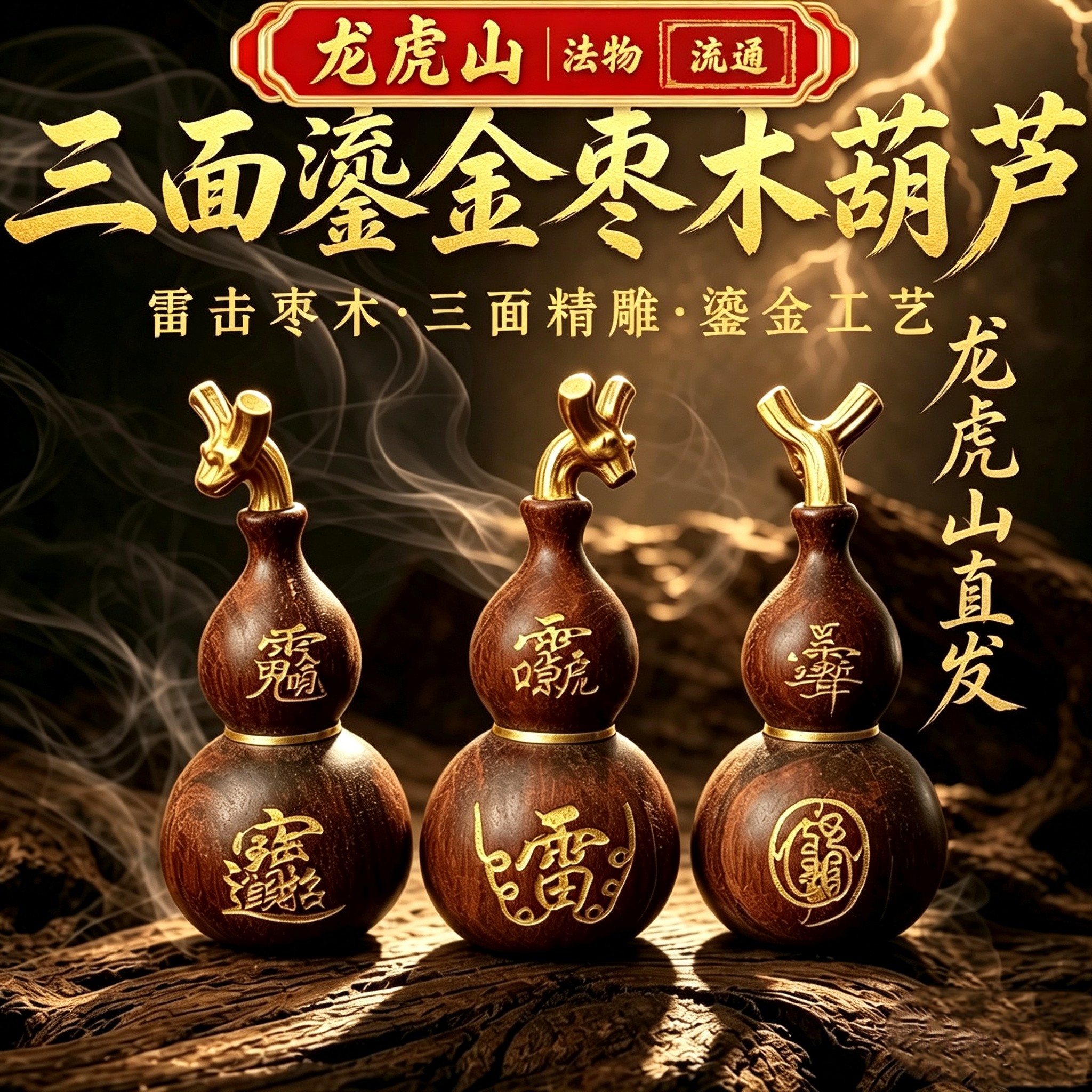 雷击枣木葫芦吊坠龙虎山直发福禄转运雨雷渐耳木雕护身道家挂件
