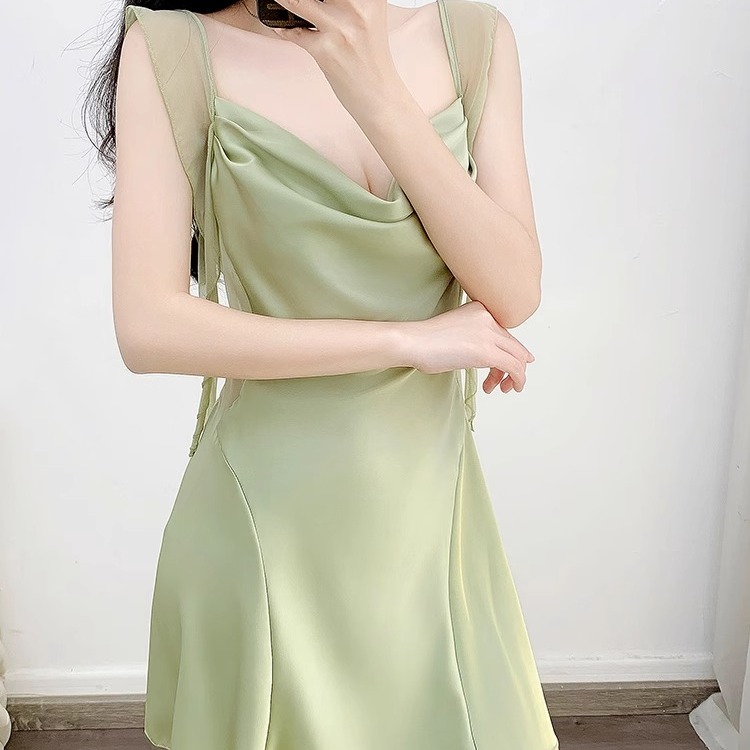 真丝睡衣女2025春秋新款性感吊带荡领睡裙睡袍夏天纯欲带胸垫套装
