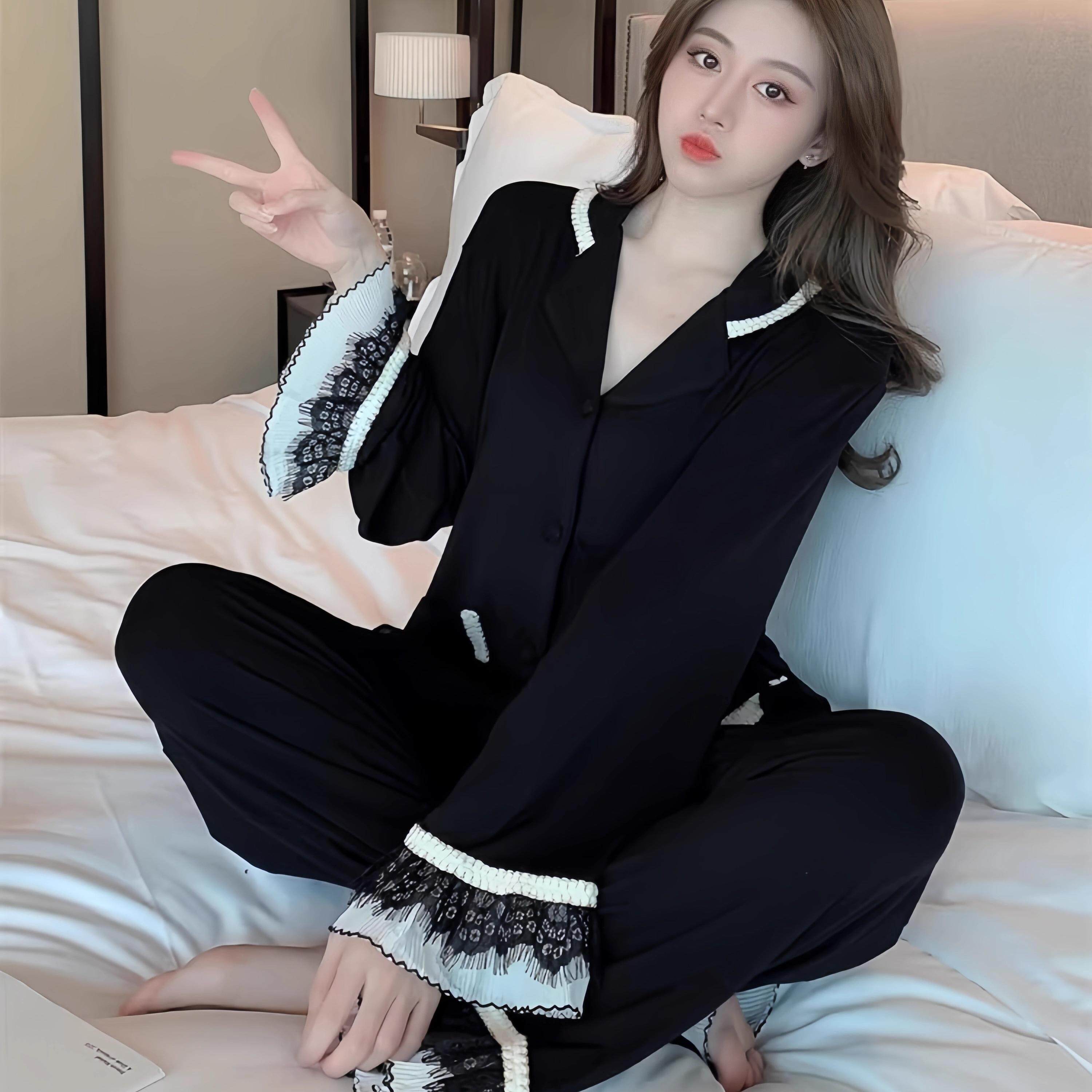 LULU性感睡衣女款2025新款春秋款纯欲风带胸垫吊带睡裙家居服套装