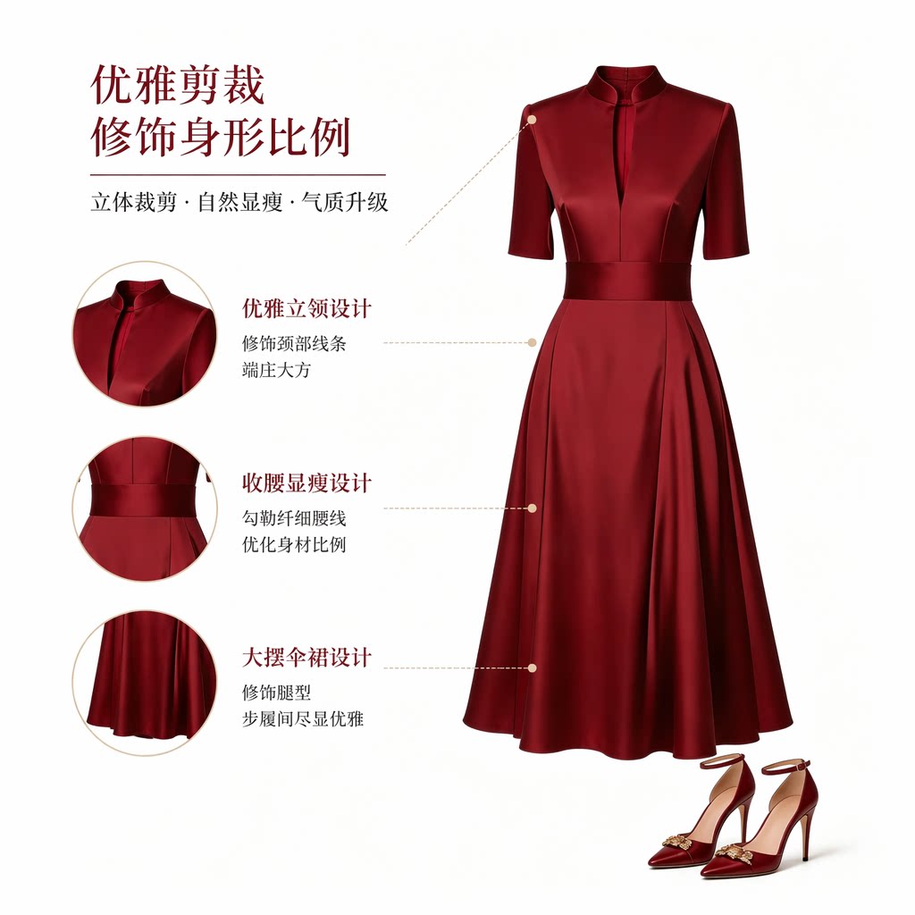 喜婆婆喜妈妈礼服显瘦酒红色长裙