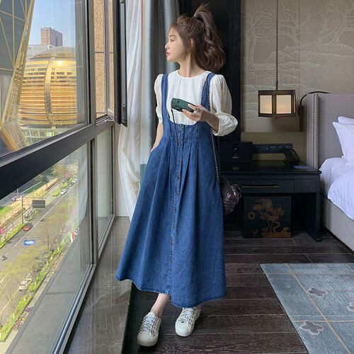 韩版牛仔背带连衣裙女两件套高腰A字长裙纽扣设计感新款风年轻年