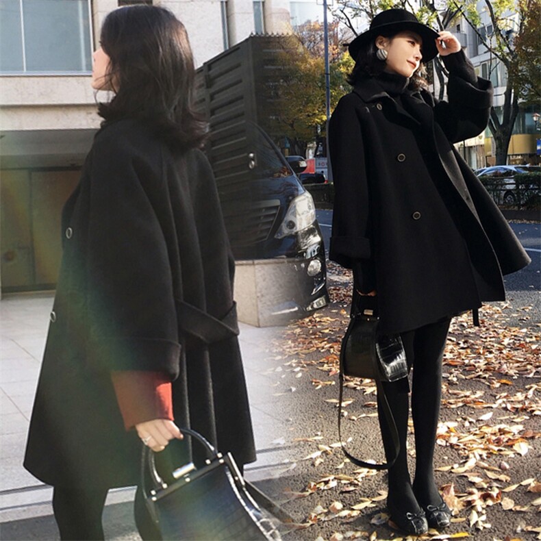 黑色毛呢外套女中长款双排扣收腰大衣秋冬加厚宽松外套独特修身今