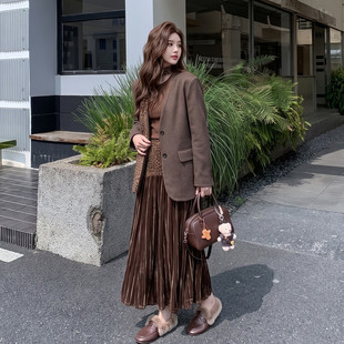 美拉德风咖色西装外套豹纹百褶裙两件套女秋季高级大码套装特别中