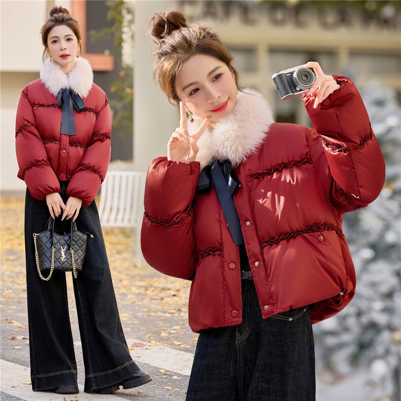 红色短款羽绒服女毛领小香风保暖厚外套圣诞红小个子独特小个子风