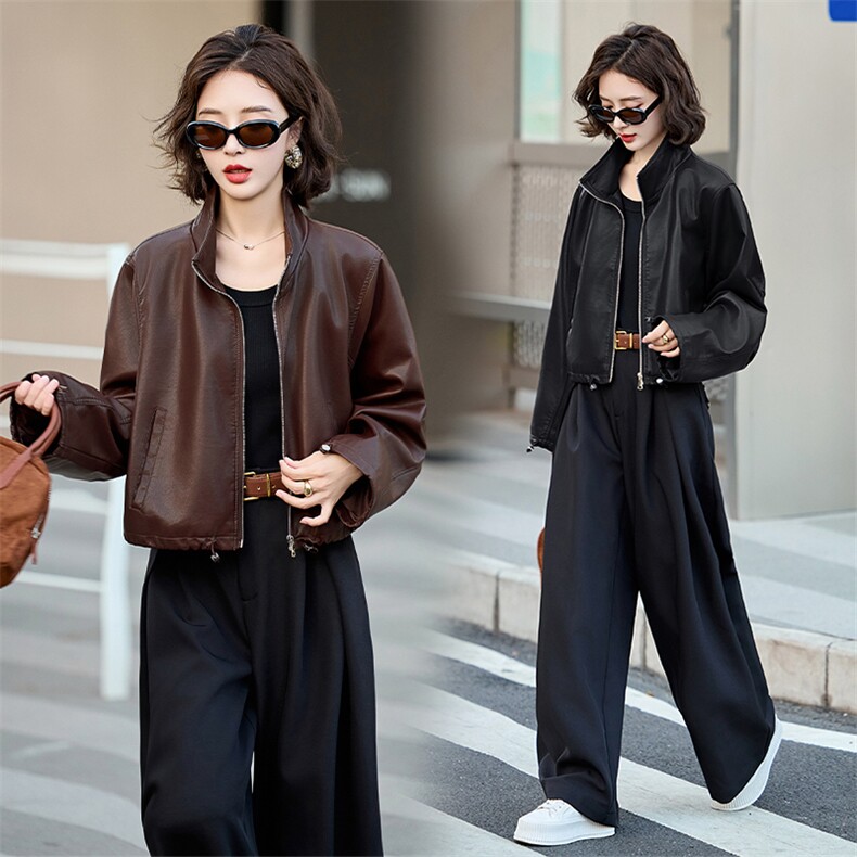 立领机车服皮衣女短款褐色皮夹克外套炸街2026特别宽松中老年流行