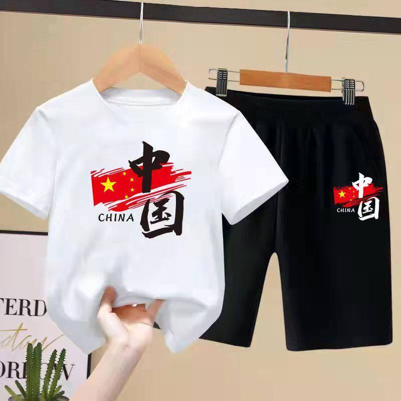 纯棉女童t恤短袖男童国潮夏装儿童表演服班服夏季宽松套装中小童