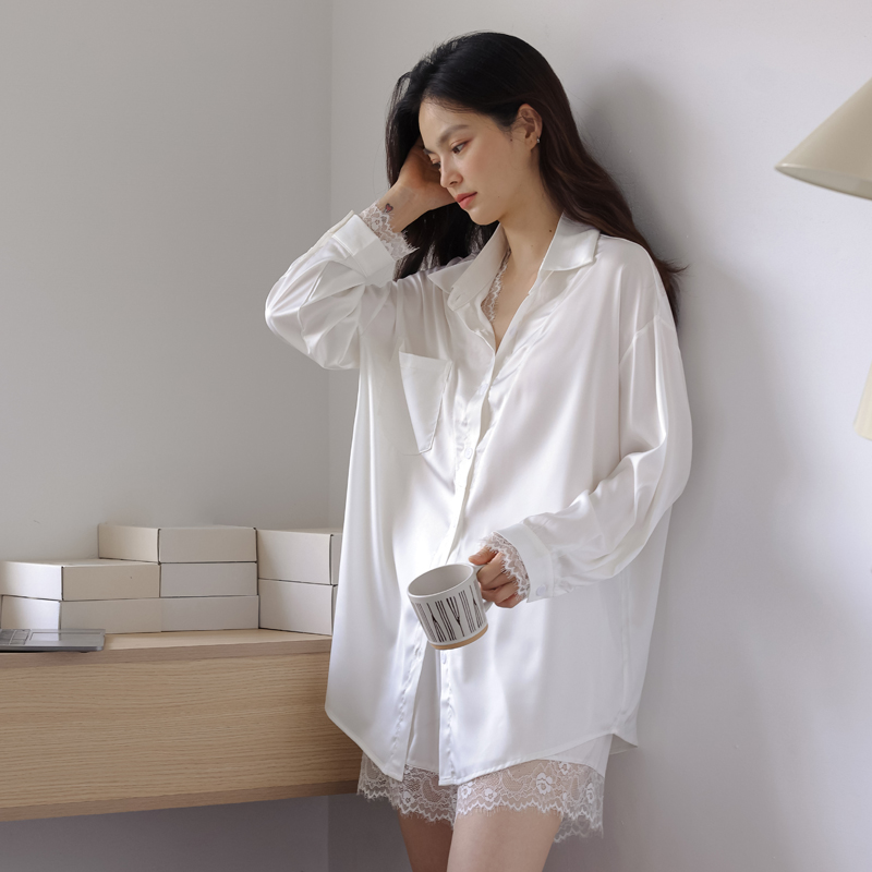 冰丝睡衣女春夏季男友风衬衫领性感蕾丝短裤长袖女士家居服可外穿