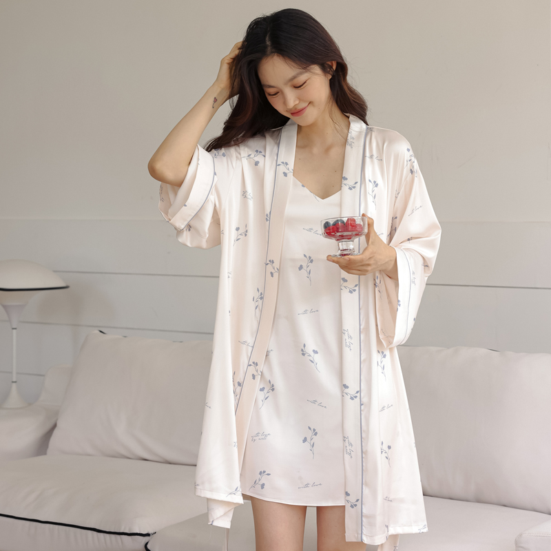 睡袍女夏季新款冰丝吊带长袖两件套甜美印花女士家居服套装春秋款