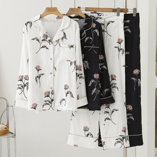 冰丝睡衣女【布鲁塞尔的黑花】春秋新款长袖长裤可外穿家居服套装