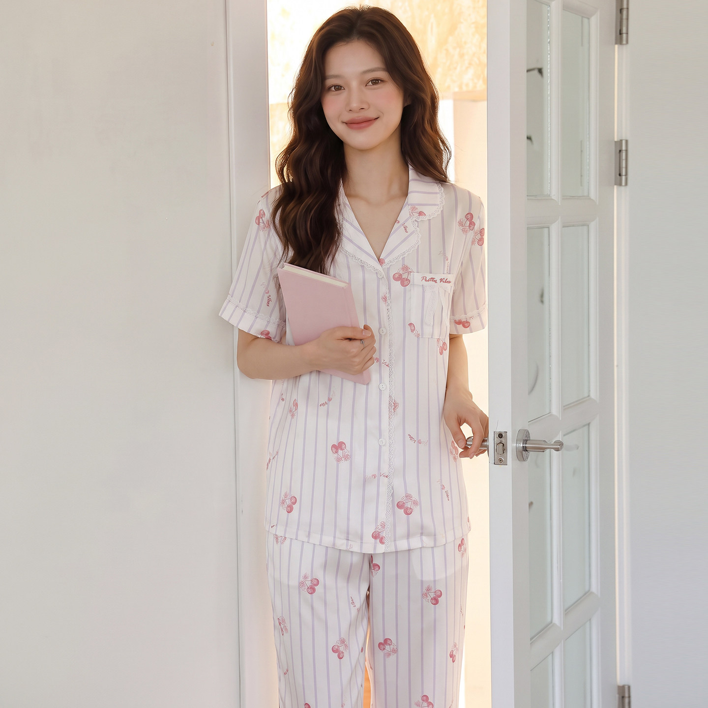 夏季女冰丝樱桃印花睡衣套装
