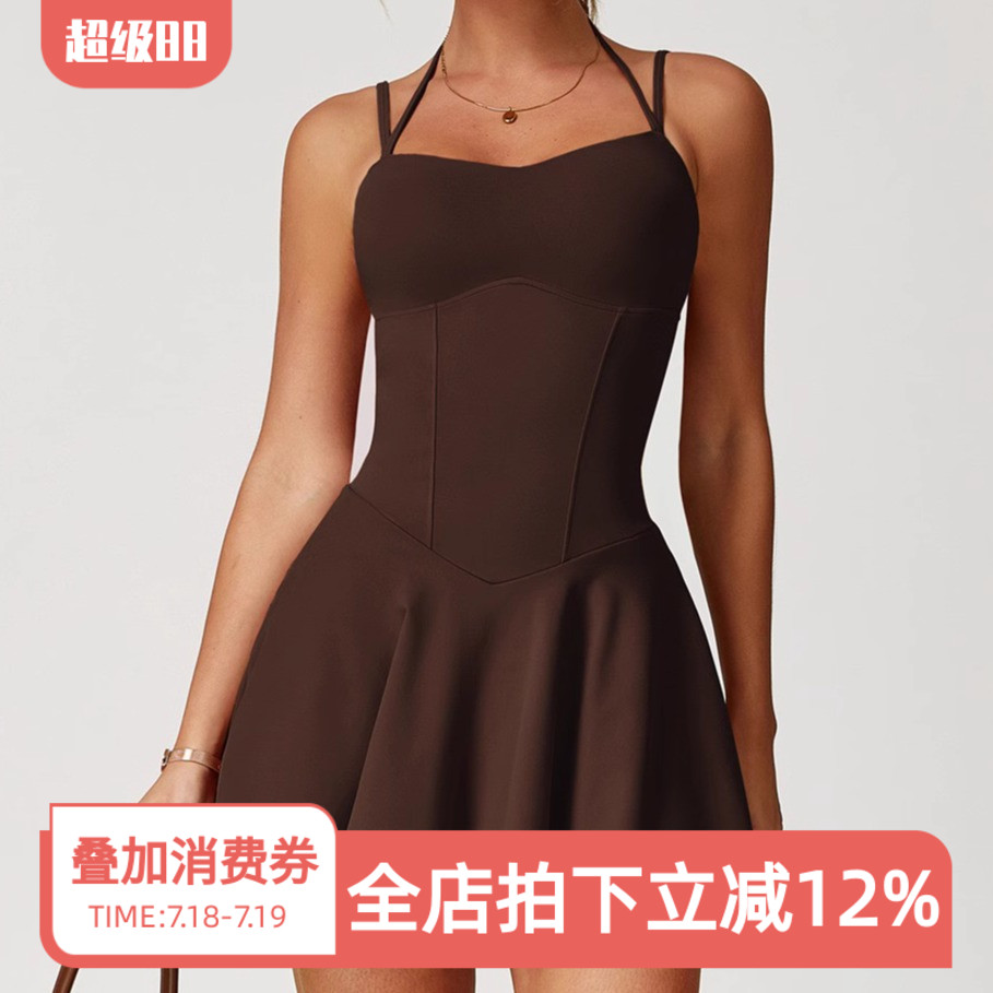 欧美性感美背吊带连衣裙女防走光口袋打底A字短裙跑步运动网球裙