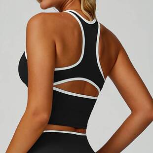 撞色包边运动背心女裸感镂空工字美背瑜伽文胸防震跑步健身内衣