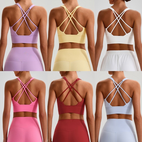 欧美磨毛裸感运动文胸女交叉美背瑜伽背心高强度防震跑步健身文胸