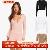 女 性感绑带拉提瑜伽健身衣外穿跑步运动服长袖 欧美瑜伽服长袖 罩衫