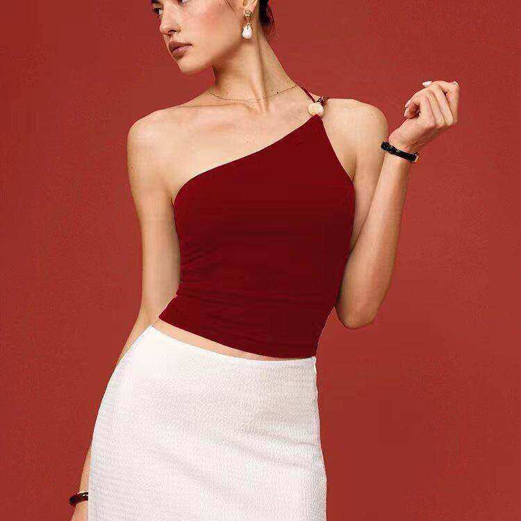 斜肩瑜伽背心奇石装饰外穿单肩美背运动文胸女普拉提健身内衣